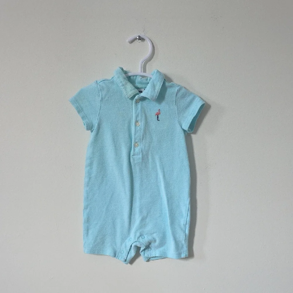 Janie and Jack baby boy's pique polo romper in light blue cotton with a flamingo